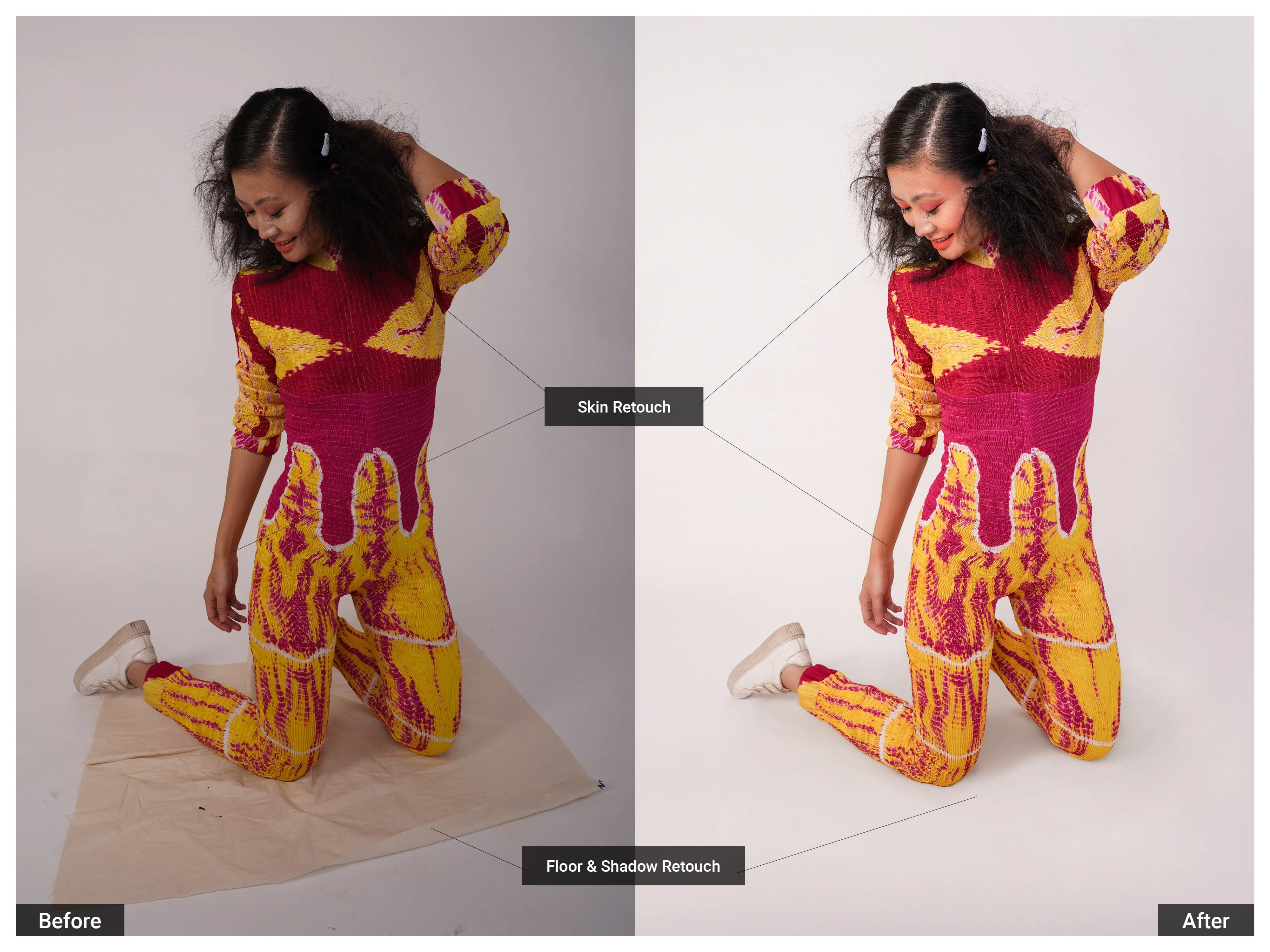 Before and after e-commerce fashion retouching: Skin retouching and floor shadow removal for a model in a colorful patterned jumpsuit